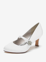 Chaussures De Mariage Pour Femmes Satin Blanc Bout Rond Strass Talon Trotteur Chaussures De Mariée À Lacet