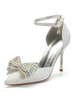 Chaussures de mariage Satin Blanc Bout pointu Perles Talon aiguille Sangle de cheville Bow Chaussures de mariage