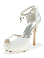 Chaussures de mariage Satin blanc Peep Toe Chaînes Talon aiguille Bride à la cheville Chaussures de mariée