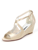 Chaussures de mariage Satin Champagne Bout ouvert Perles Talon compensé Chaussures de mariée