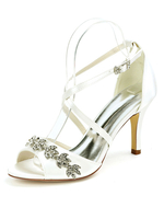 Chaussures de mariage Satin ivoire bout ouvert strass talon aiguille bride à la cheville talon chaussures de mariée