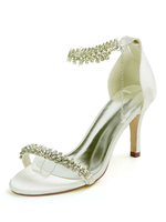 Chaussures de mariage Satin ivoire bout ouvert strass talon aiguille bride à la cheville talon chaussures de mariée