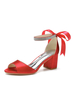 Chaussures de mariage Satin rouge bout ouvert nœuds talon épais bride à la cheville chaussures de mariée