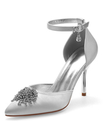 Chaussures de mariage satin violet foncé bout pointu strass talon aiguille bride à la cheville chaussures de mariée