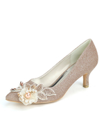 Chaussures de mariage Tissu pailleté Champagne bout pointu fleurs talon aiguille chaussures de mariée