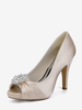 Chaussures de mariée en satin à talons hauts et bout ouvert avec strass