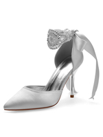 Chaussures de mariée en satin argent clouté bout pointu talon aiguille chaussures de mariée