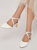 Chaussures De Mariée Pour Femme En Dentelle Bout Rond Strass Talon Trotteur Chaussures De Mariage À Lacets