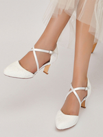 Chaussures De Mariée Pour Femme En Dentelle Bout Rond Strass Talon Trotteur Chaussures De Mariage À Lacets