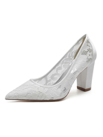Chaussures de mariée pour femmes brodées en dentelle à bout pointu chaussures de mariée à talons épais