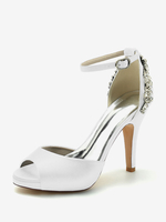 Chaussures De Mariée Pour Femmes Satin Bout Ouvert Strass Talon Épais Chaussures De Mariage