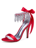 Chaussures de mariée rouges en satin à bout ouvert avec strass et chaussures de mariée à talons hauts