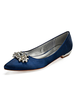 Chaussures de Mère 2021 Satin Marine Foncé Bout Pointu Strass Plat Chaussures de Mariée Chaussures d