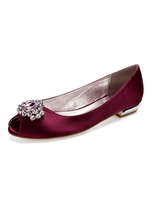 Chaussures de Mère de Mariée 2021 Bourgogne Satin Bout Ouvert Strass Chaussures de Mariage Plates