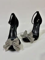Chaussures de soirée à talons hauts avec strass et nœud sandales à bout ouvert et bride à la cheville