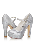 Chaussures de soirée à talons hauts pour femmes Mary Jane Platform Chaussures de soirée à bout rond en argent