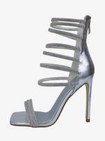 Chaussures de soirée argentées à talons hauts et bout ouvert avec strass et lanières