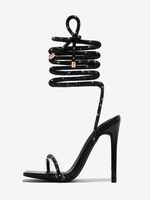 Chaussures de soirée noires à paillettes et bout ouvert sandales à talons hauts et lacets chaussures de bal