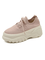 Chaussures de sport pour femmes rose maille bout rond talon compensé à lacets chaussures à plateforme