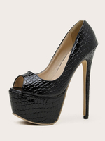 Chaussures femme noir bout ouvert plateforme talon haut escarpins en cuir verni