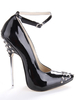 Chaussures féminines à talons aigus et bout pointu en cuir verni noir avec rhinestones et rubans aux chevilles