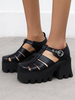 Chaussures gothiques Lolita à bout rond noir à talon épais en cuir PU Lolita pompes