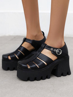 Chaussures gothiques Lolita à bout rond noir à talon épais en cuir PU Lolita pompes