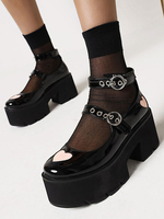 Chaussures gothiques Lolita noir bout rond talon épais en cuir PU chaussures Lolita