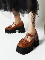 Chaussures Lolita Académie à talon compensé en cuir PU marron café nœud