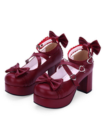 Chaussures Lolita Douces Arc Plateforme À Bretelles Talon Chunky En Cuir Bordeaux Chaussures Lolita Déguisements Halloween
