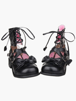 Chaussures lolita noires à talons épais avec lacet Déguisements Halloween