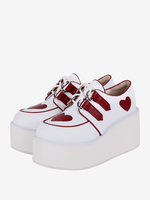 Chaussures Lolita Steampunk blanches à lacets motif cœurs chaussures Lolita à talons compensés en cuir PU
