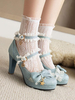 Chaussures Lolita Style ROCOCO Light Sky Blue Ruffles Escarpins Lolita à talons épais en cuir PU