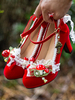 Chaussures Lolita Sweet Chaussures Lolita à talons épais en dentelle et perles rouges