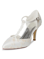 Chaussures mariage en dentelle bout pointu T-Type bandage Chaussures femme en cuir synthétique Talon aiguille
