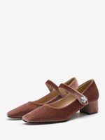 Chaussures Mary Jane À Talons Mi-Bas En Velours À Bout Carré Talon Épais Femme