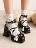 Chaussures Mignonne Lolita Escarpins Lolita À Talons Épais En Cuir PU Avec Nœuds Noirs