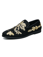 Chaussures mocassins pour hommes Mocassins noirs à enfiler avec illustrations brodées en cuir PU