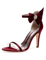 Chaussures mères en satin bordeaux à bout ouvert strass