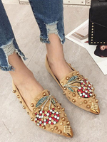 Chaussures plates femme rivets bout pointu éponge sans lacet ballerines kaki