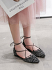 Chaussures plates noires pour femmes sangle à bout pointu strass réglables microfibre ballerines décontractées