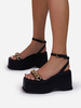 Chaussures Sandales compensées Bout ouvert noir Cuir PU Bride à la cheville noire Talons compensés