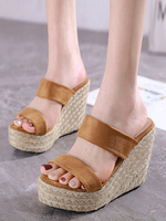 Chaussures Sandales Compensées Café Marron Bout Rond Micro Daim Tige