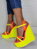 Chaussures Sandales Compensées Jaune Bout Ouvert Verni PU Sangle De Cheville Supérieure Talon Haut Talons Compensés