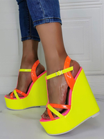 Chaussures Sandales Compensées Jaune Bout Ouvert Verni PU Sangle De Cheville Supérieure Talon Haut Talons Compensés