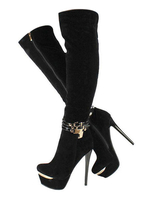 Chaussures Sexy 2021 Noir Plateforme Amande Détail de Boucle Zip Talon Haut Bottes au-dessus de Genou