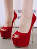 Chaussures sexy femme rouge bout ouvert talon aigu platefome en PU