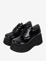 Chaussures Steampunk Lolita en cuir verni noir à lacets et bout rond en cuir PU