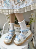 Chaussures Sweet Lolita Light Sky Blue Ruffles Bows Chaussures Lolita à talons épais en cuir PU
