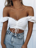 Chemise blanche pour femme col bateau cordon de serrage cordon de serrage décontracté plissé manches courtes hauts en polyester